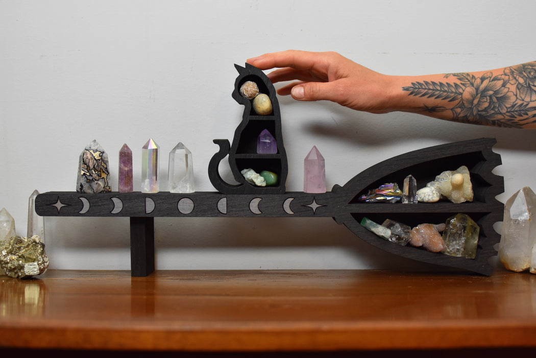 *Made To Order* Brown Broomstick and Cat Shelf and Wood Carving