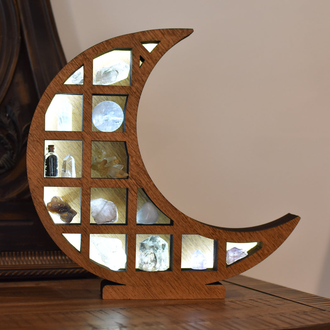 Almond Brown Illuminated Grid Crescent Moon Shelf