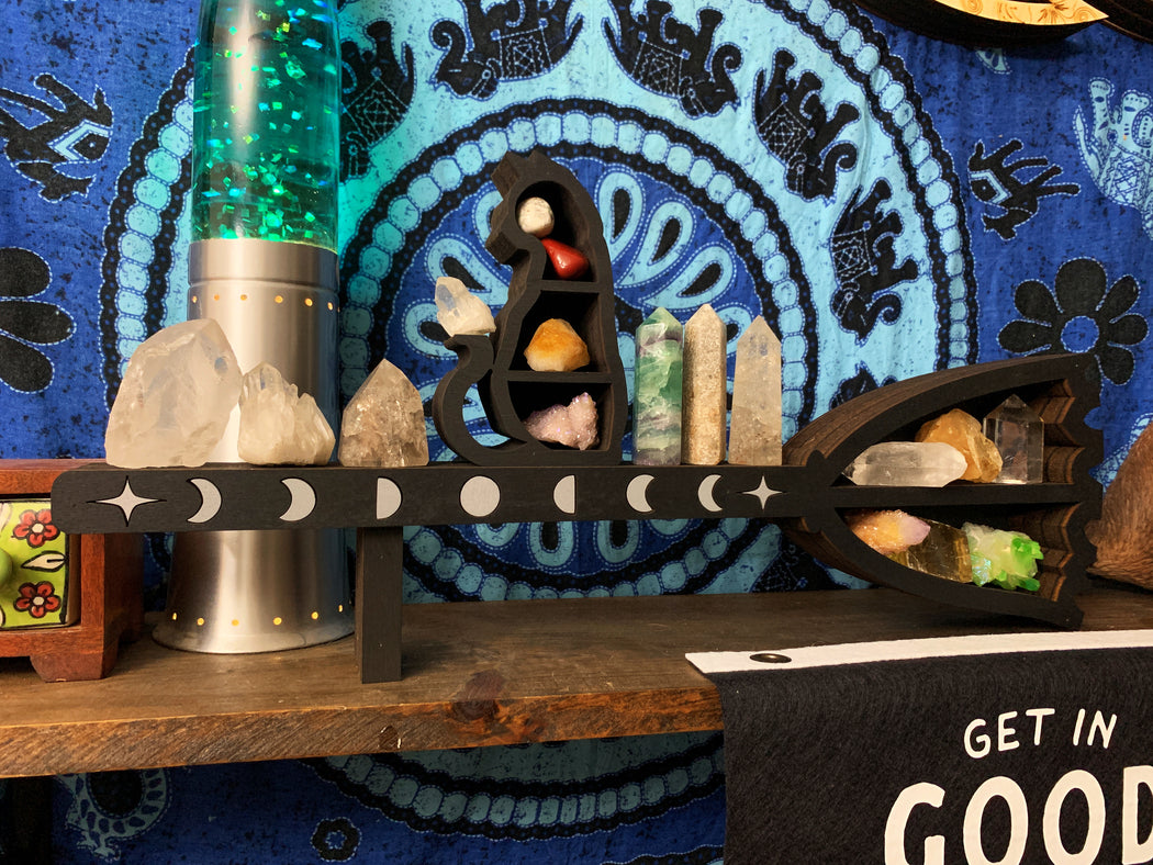 *Made To Order* Brown Broomstick and Cat Shelf and Wood Carving