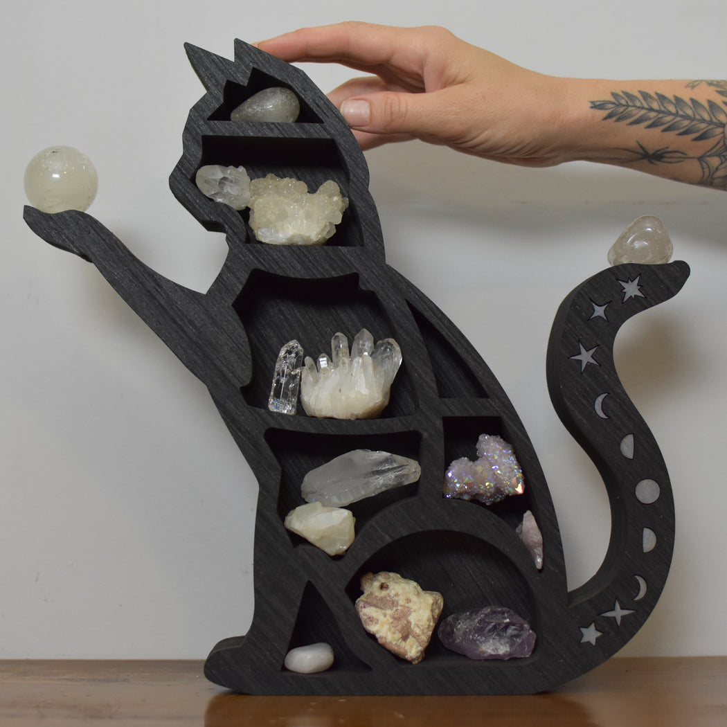*Made To Order* Brown Reaching Celestial Cat Shelf and Wood Carving
