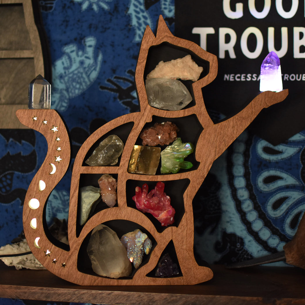 *Made to Order* Almond Brown Cat With Illuminated Raised Paw Shelf and Lamp