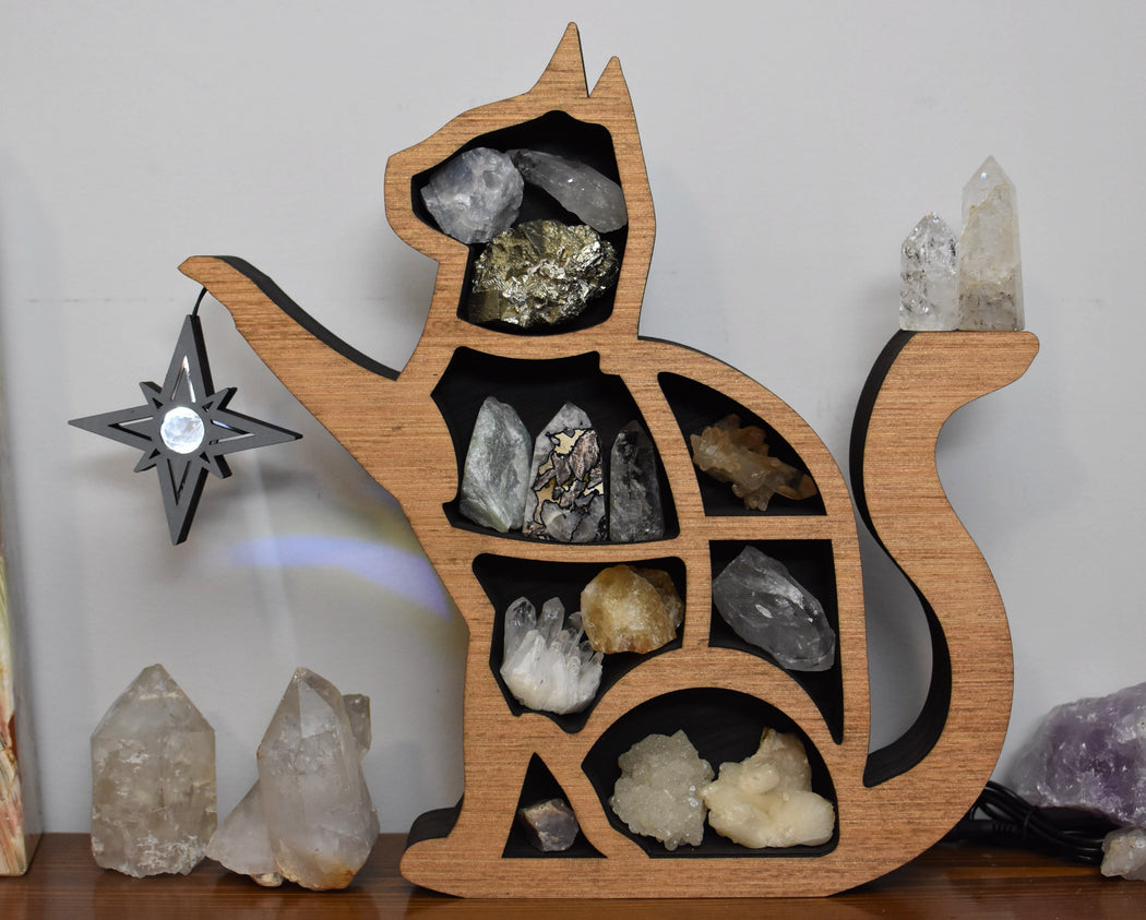 *Made to Order* Illuminated Treasure Cat Shelf and Lamp - Almond Brown