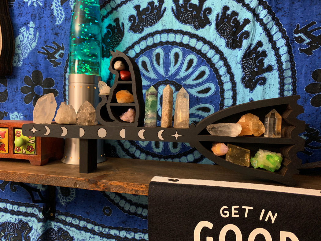 *Made To Order* Brown Broomstick and Cat Shelf and Wood Carving