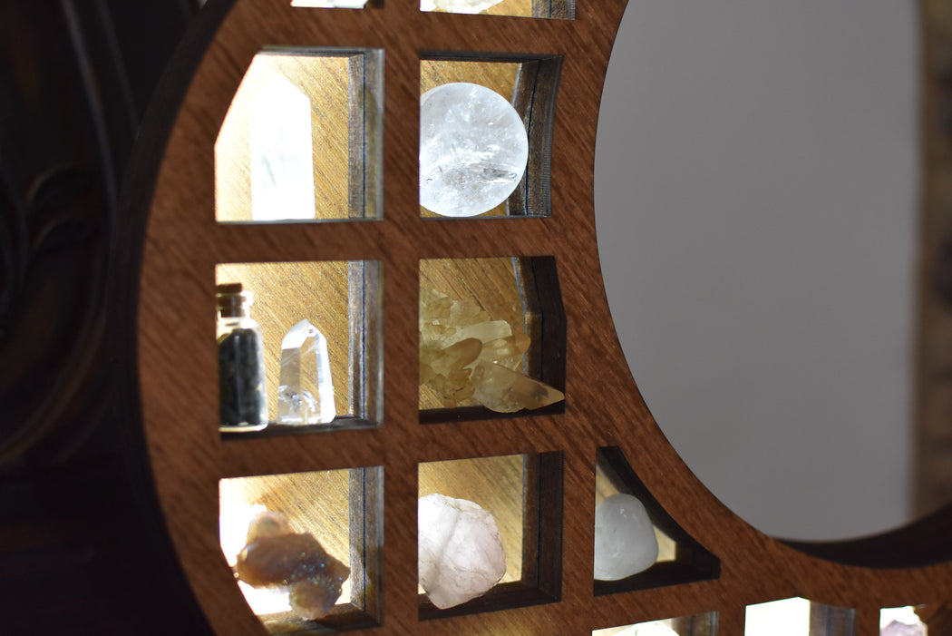 Almond Brown Illuminated Grid Crescent Moon Shelf