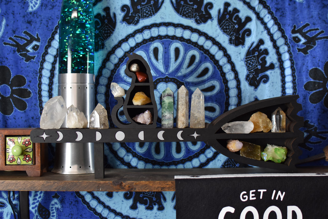 *Made To Order* Brown Broomstick and Cat Shelf and Wood Carving