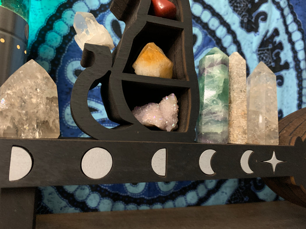 *Made To Order* Brown Broomstick and Cat Shelf and Wood Carving