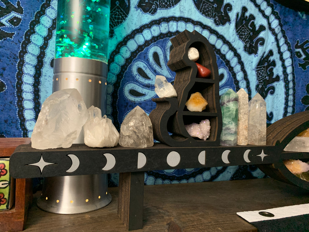 *Made To Order* Brown Broomstick and Cat Shelf and Wood Carving