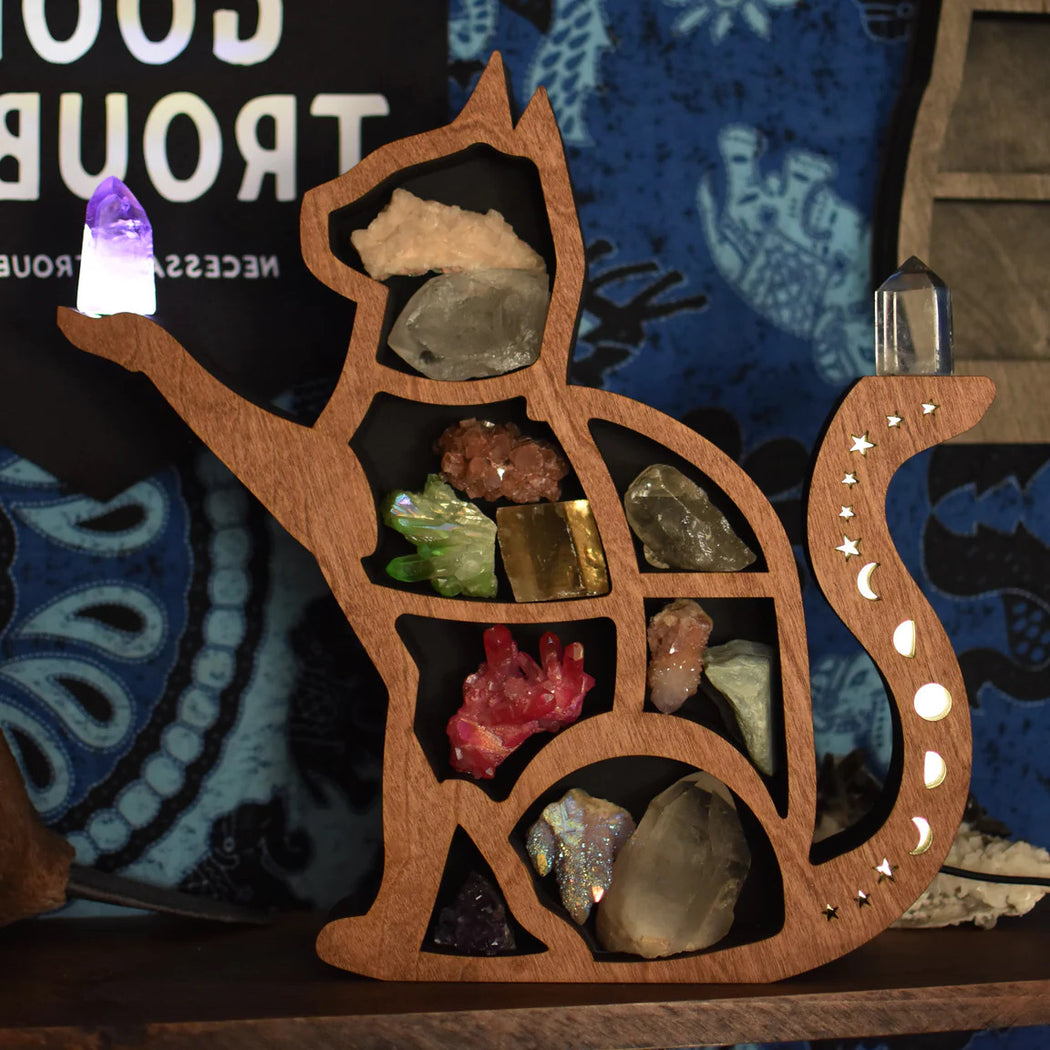 *Made to Order* Almond Brown Cat With Illuminated Raised Paw Shelf and Lamp