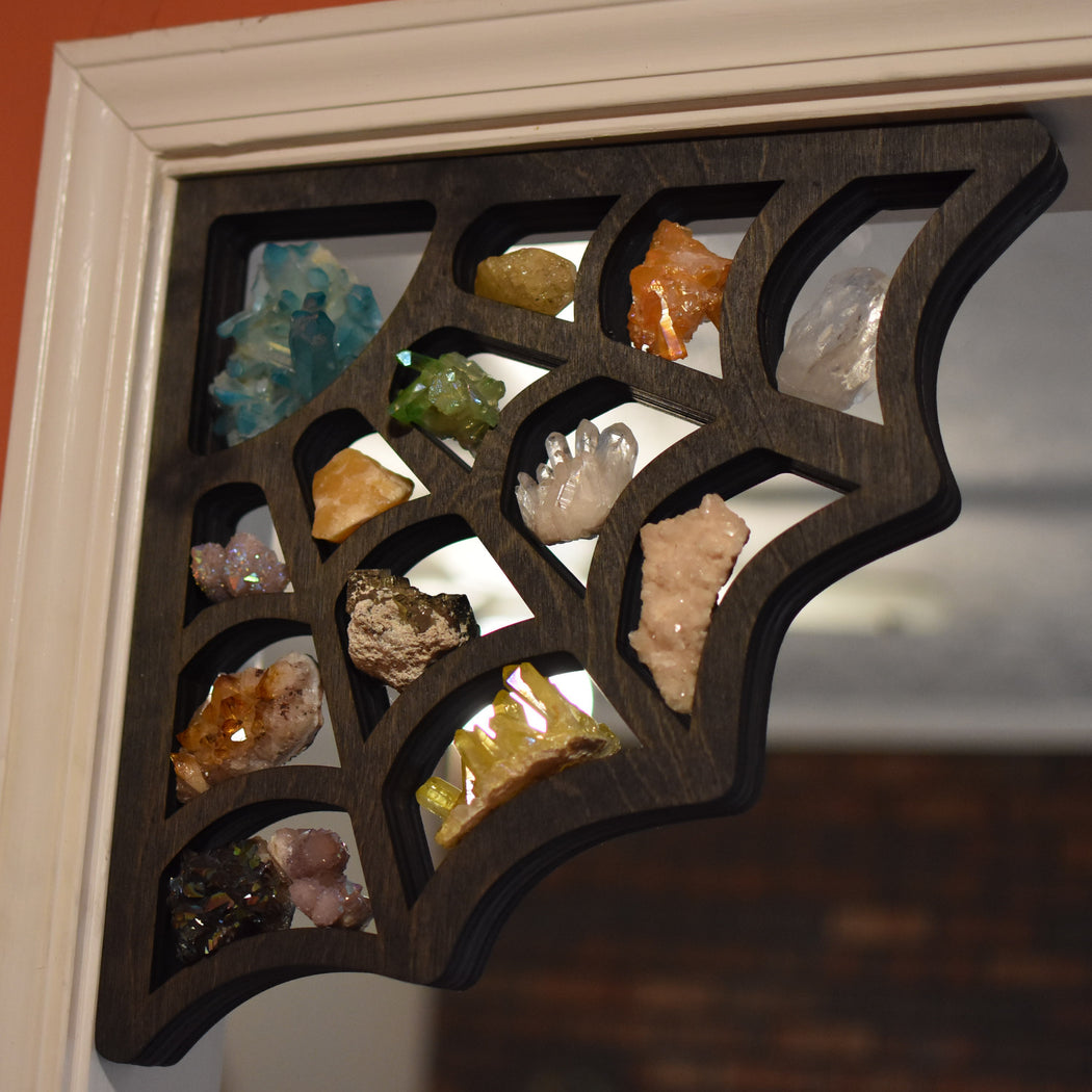 *Made To Order* Large Backless Brown Spider Web Shaped Corner Crystal Shelf or Display