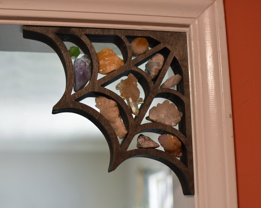 Backless Brown Spider Web Shaped Corner Crystal Shelf or Display