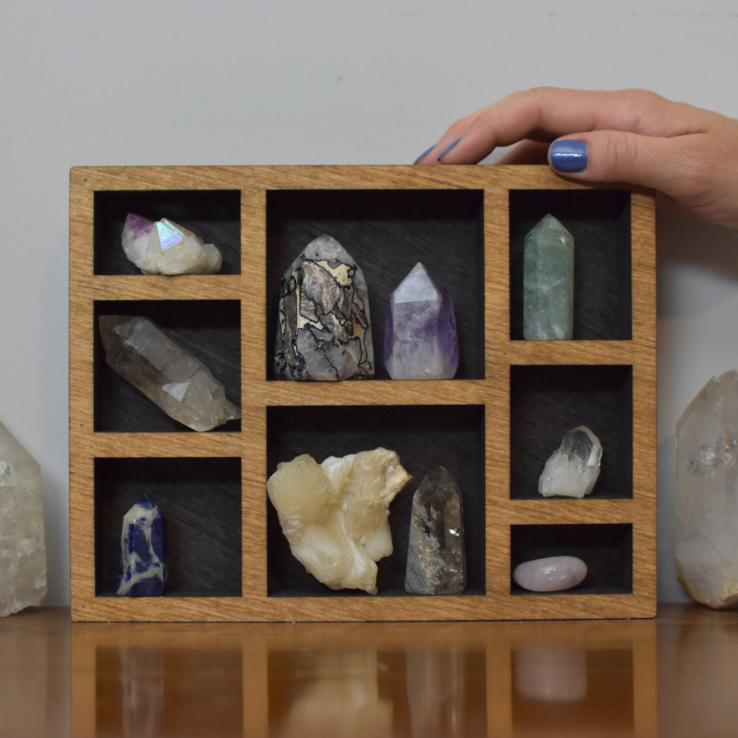 *Made To Order* One (1) Desktop Crystal Shelf and Wood Carving