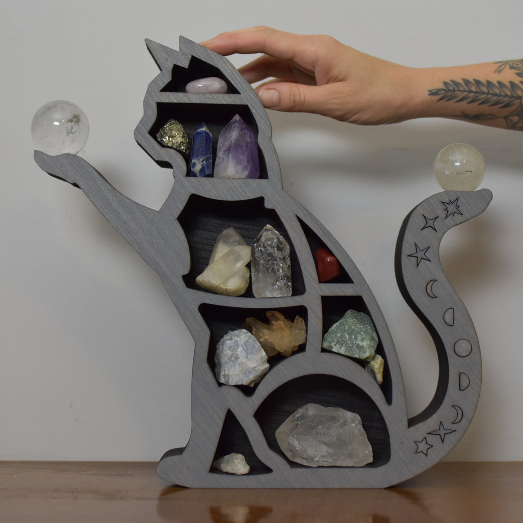 *Made To Order* Gray Reaching Celestial Cat Shelf and Wood Carving