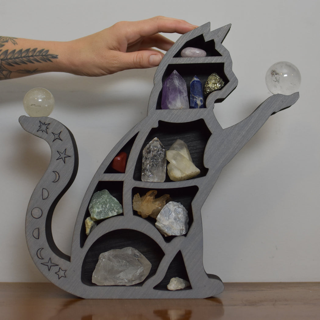 *Made To Order* Gray Reaching Celestial Cat Shelf and Wood Carving