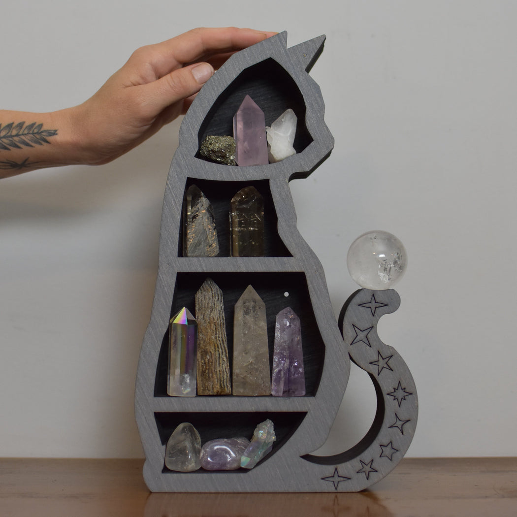 *Made To Order* Gray Sitting Celestial Cat Shelf and Wood Carving