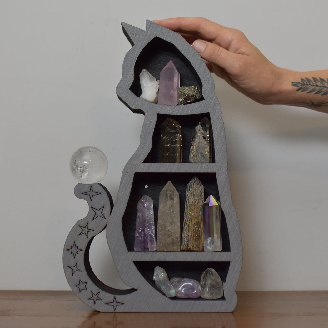 *Made To Order* Gray Sitting Celestial Cat Shelf and Wood Carving