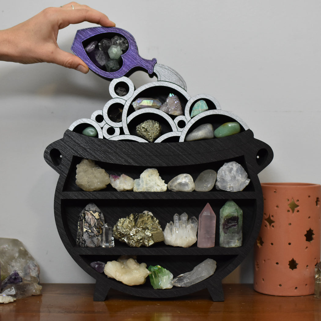 Pouring Potion Cauldron Wooden Crystal Display Shelf