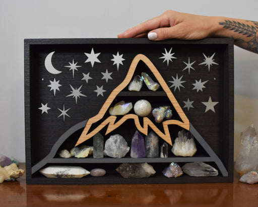 **Made To Order** Mountain Scene Wooden Crystal Display Shelf