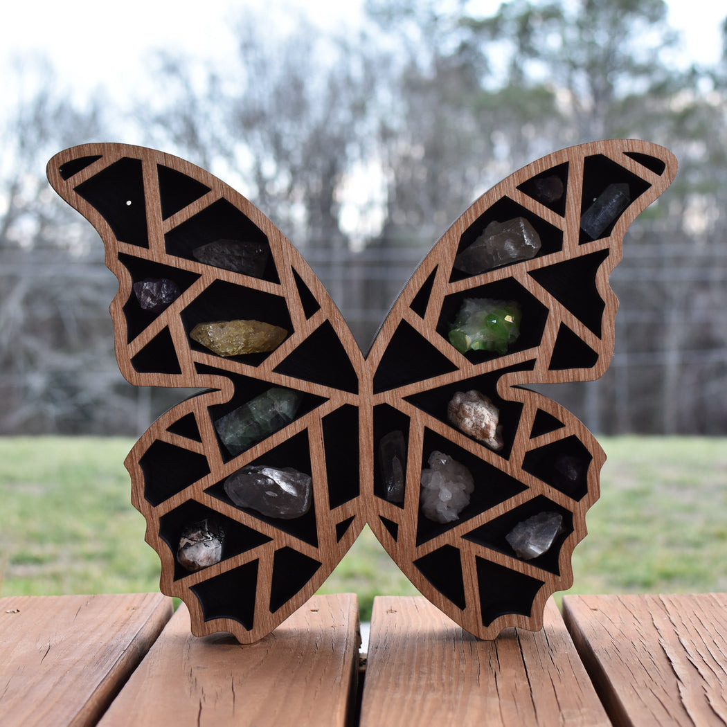 *Made To Order* Almond Brown Fractal Butterfly Wings Wood Carving and Crystal Shelf