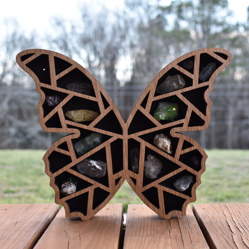 *Made To Order* Almond Brown Fractal Butterfly Wings Wood Carving and Crystal Shelf