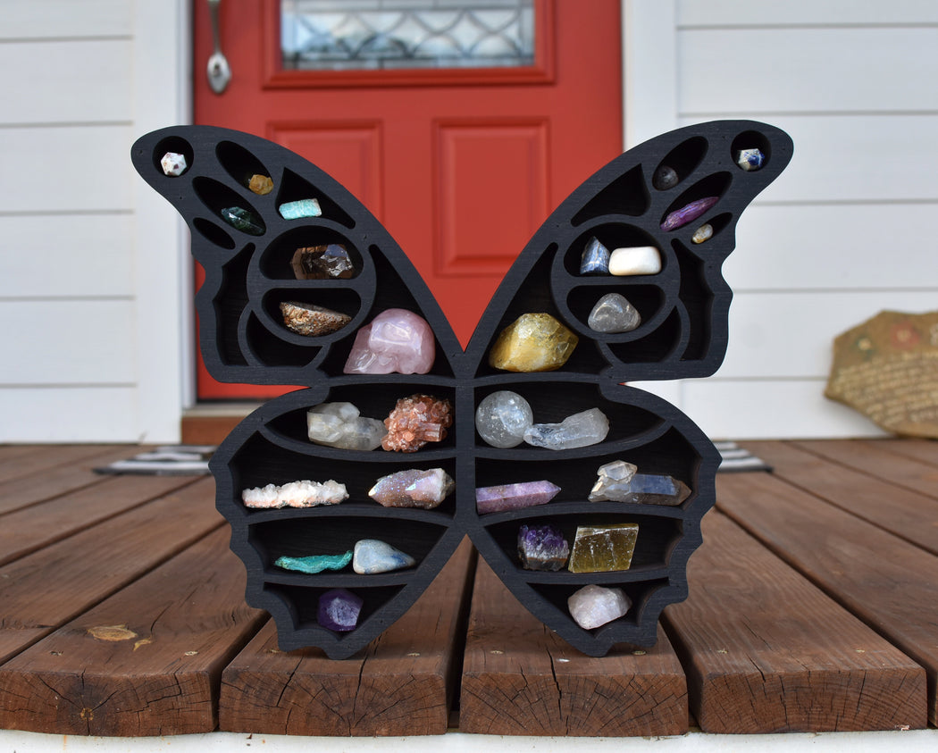 *Made To Order* Brown Butterfly Wings Wood Carving and Crystal Shelf