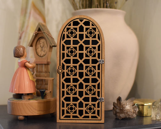 Square Pattern Hinged  Door Trinket Shelf - Almond Brown