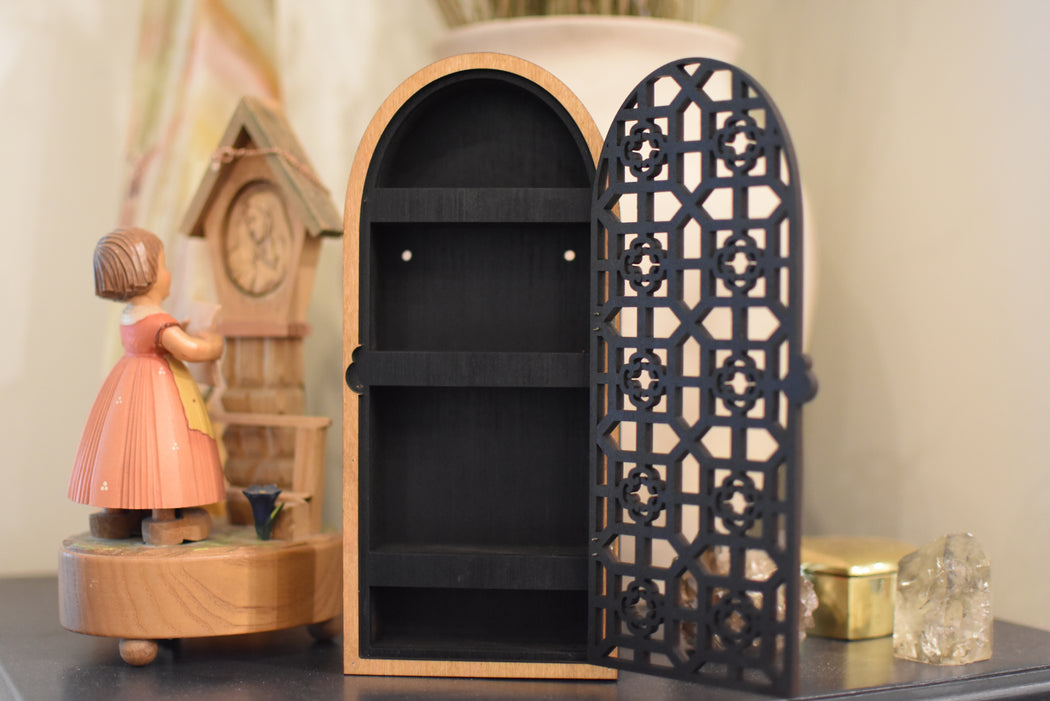 Square Pattern Hinged  Door Trinket Shelf - Almond Brown