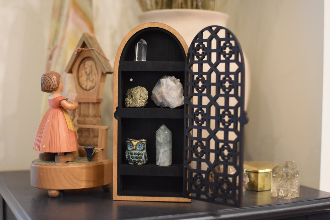 Square Pattern Hinged  Door Trinket Shelf - Almond Brown