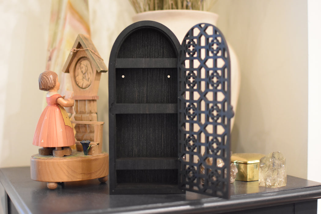 Square Pattern Hinged  Door Trinket Shelf - Black