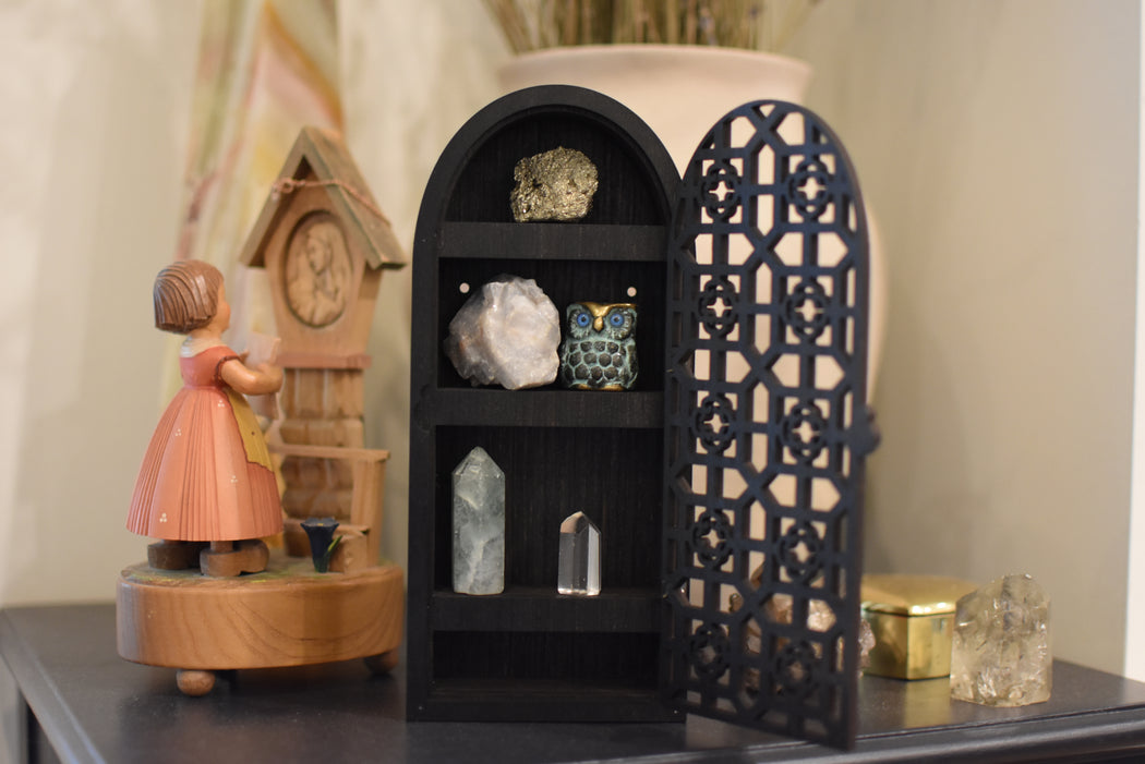 Square Pattern Hinged  Door Trinket Shelf - Black