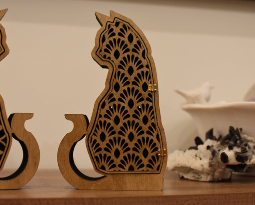 Cat Shelf - Hinged Door Art Deco Fan Pattern - Light Brown