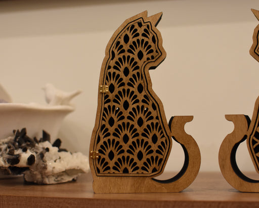 Cat Shelf - Hinged Door Art Deco Fan Pattern - Light Brown