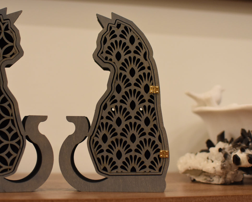 Cat Shelf - Hinged Door Art Deco Fan Pattern - Gray