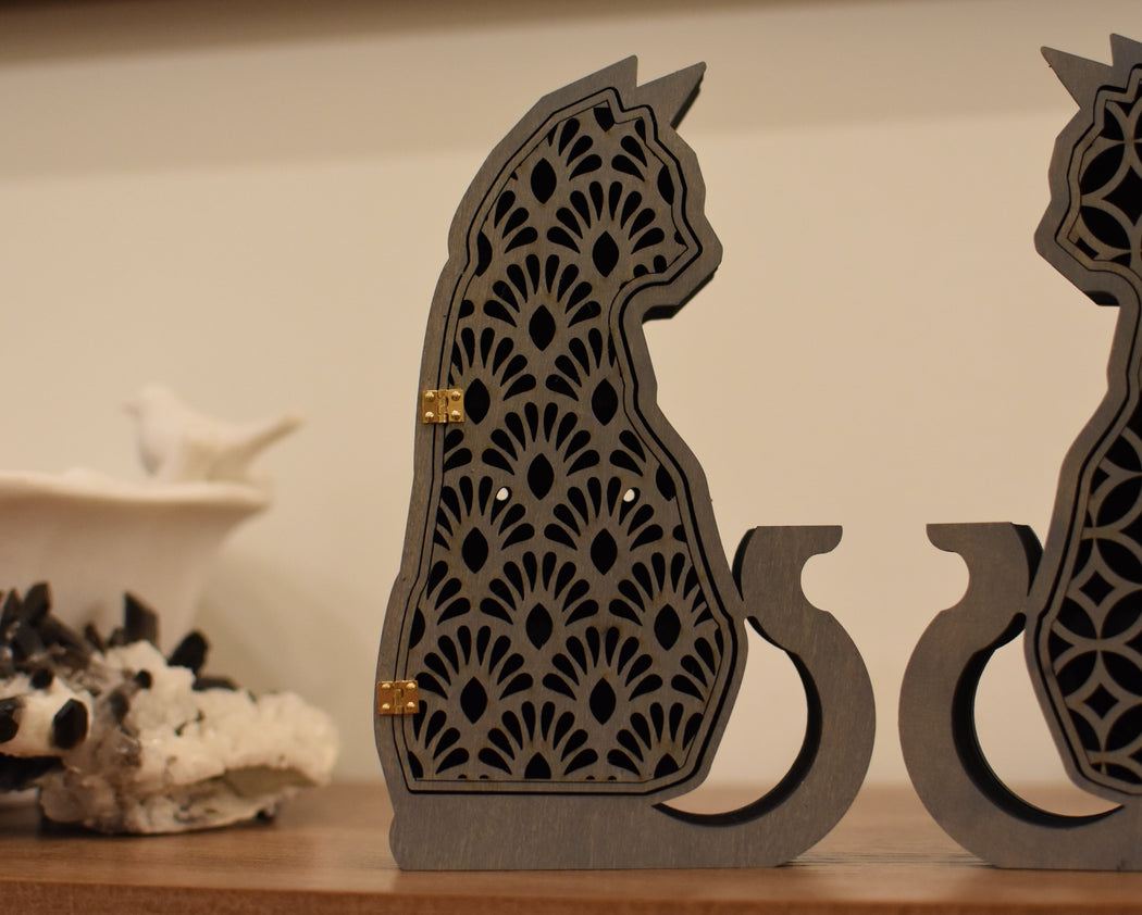 Cat Shelf - Hinged Door Art Deco Fan Pattern - Gray