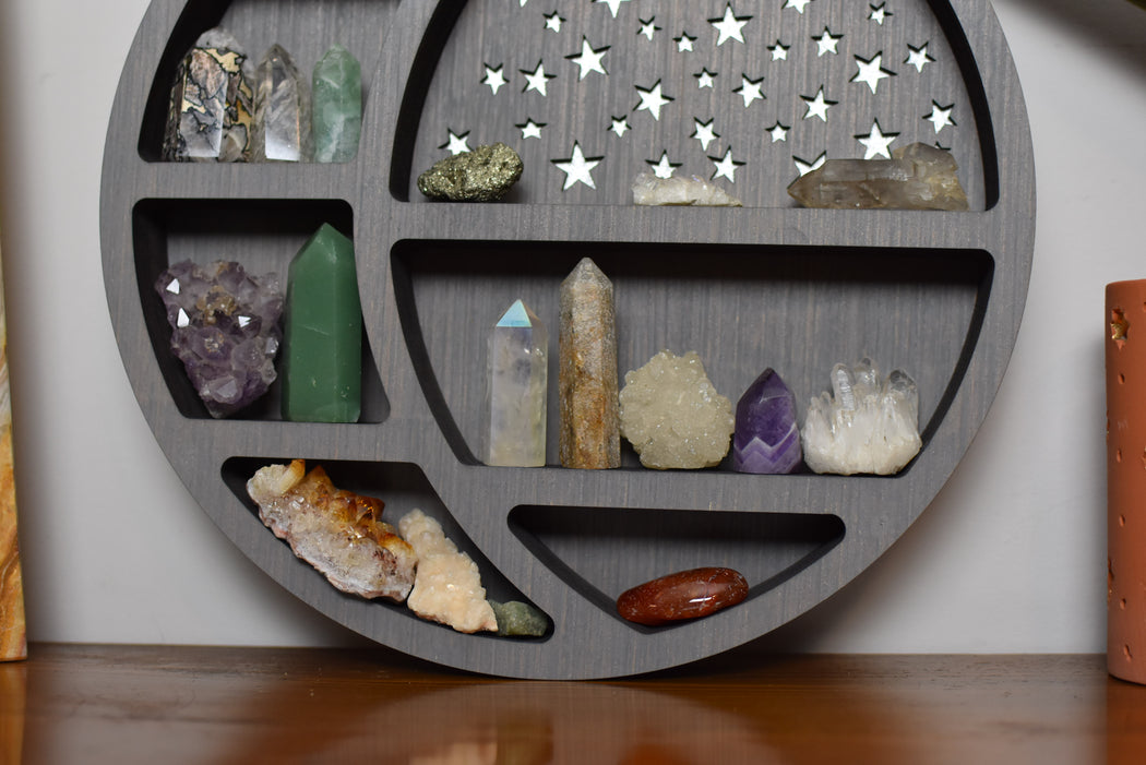 **Made To Order** Gray Starry Circular Moon Shelf and Wood Carving