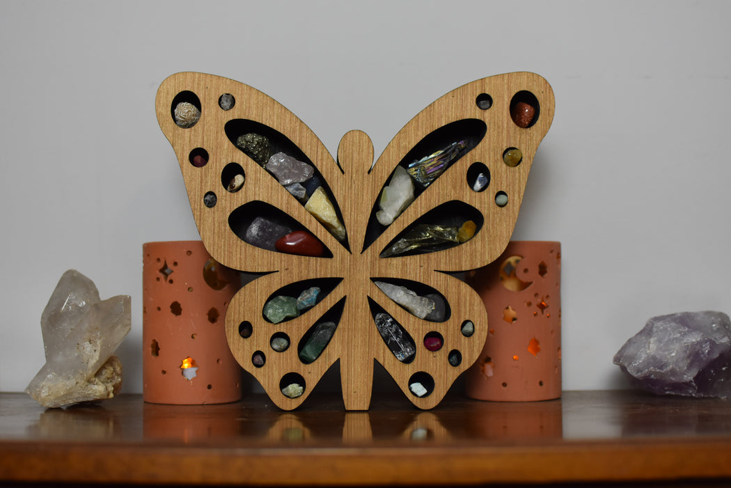 *Made to Order* Standing Butterfly-Shaped Wood Carving and Crystal Shelf