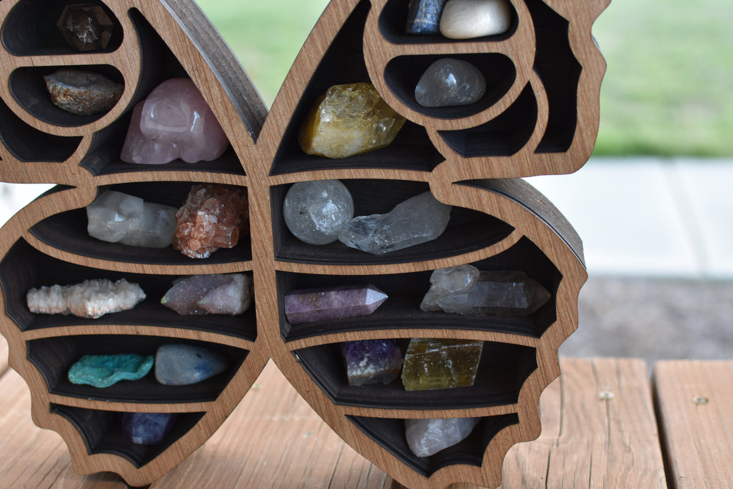 *Made To Order* Almond Brown Butterfly Wings Wood Carving and Crystal Shelf