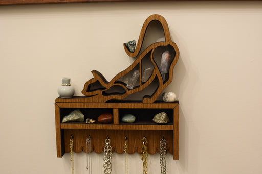 Stretching Cat Jewelry and Key Hook Shelf - Almond Light Brown