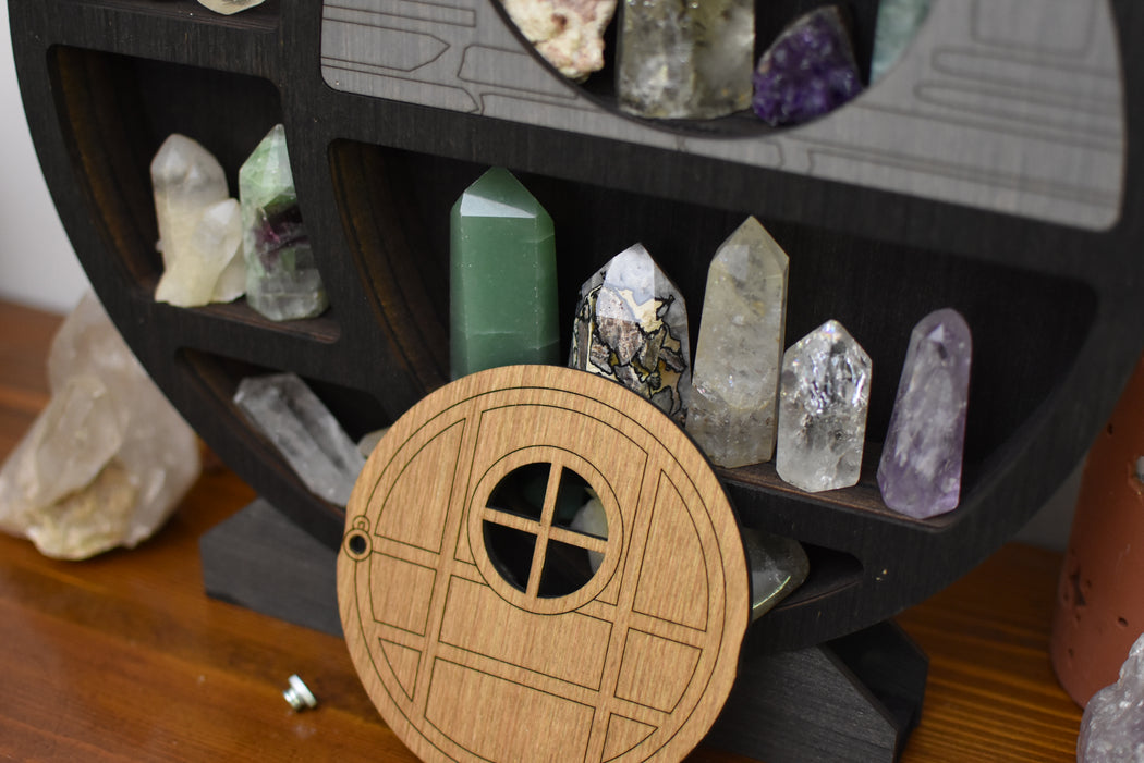 **Made To Order** Hobbit Fairy Door Circular Moon Shelf and Wood Carving