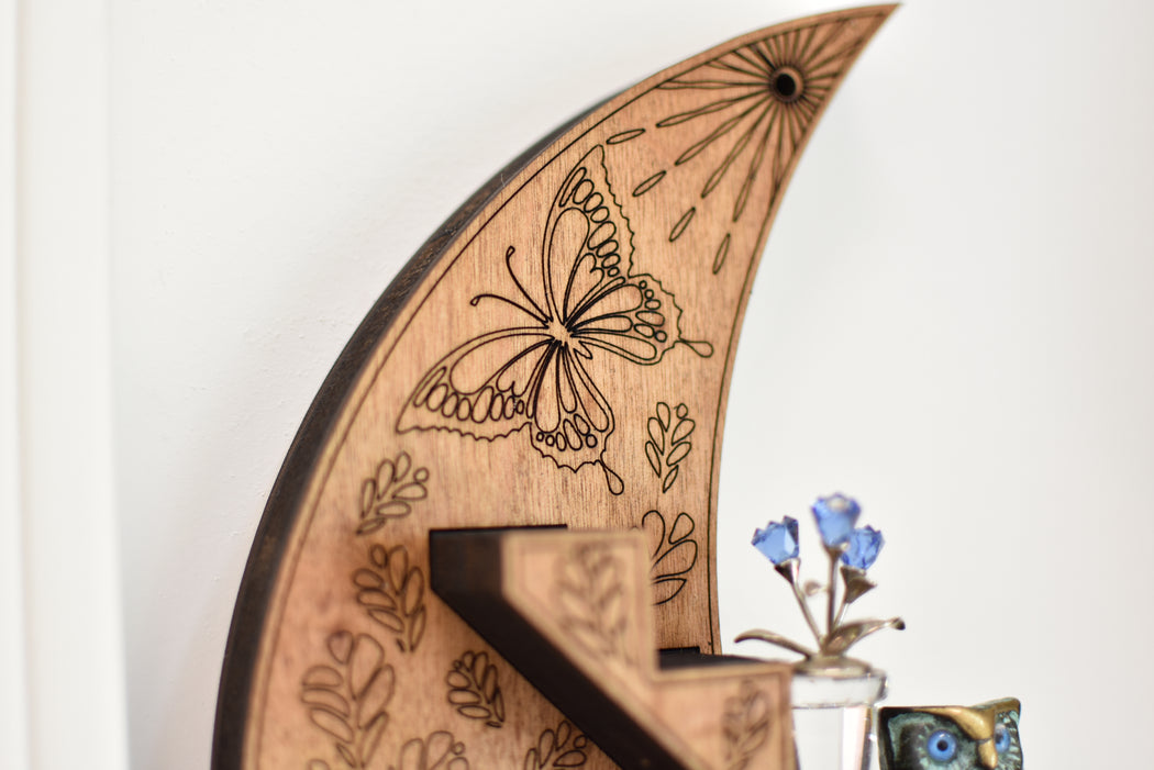 Leafy Engraved Crescent Moon & Sun Stair Shelf - Limited Edition