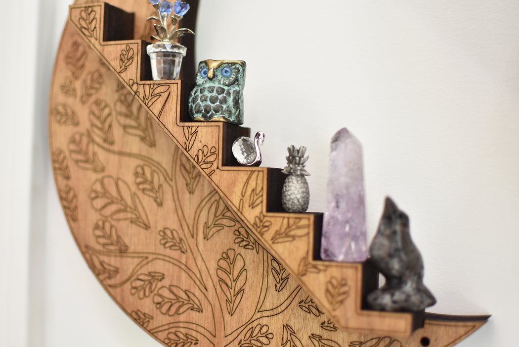 Leafy Engraved Crescent Moon & Sun Stair Shelf - Limited Edition