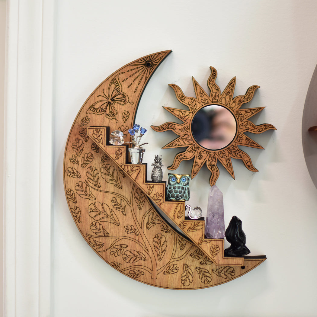 Leafy Engraved Crescent Moon & Sun Stair Shelf - Limited Edition