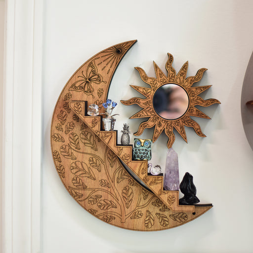 Leafy Engraved Crescent Moon & Sun Stair Shelf - Limited Edition