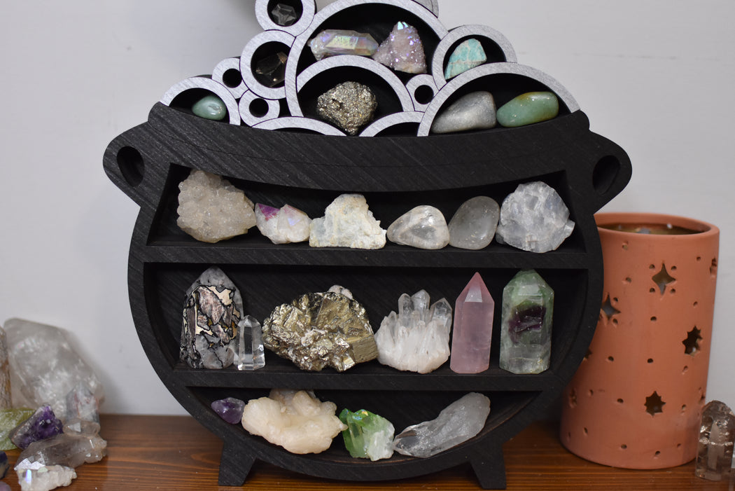 Pouring Potion Cauldron Wooden Crystal Display Shelf