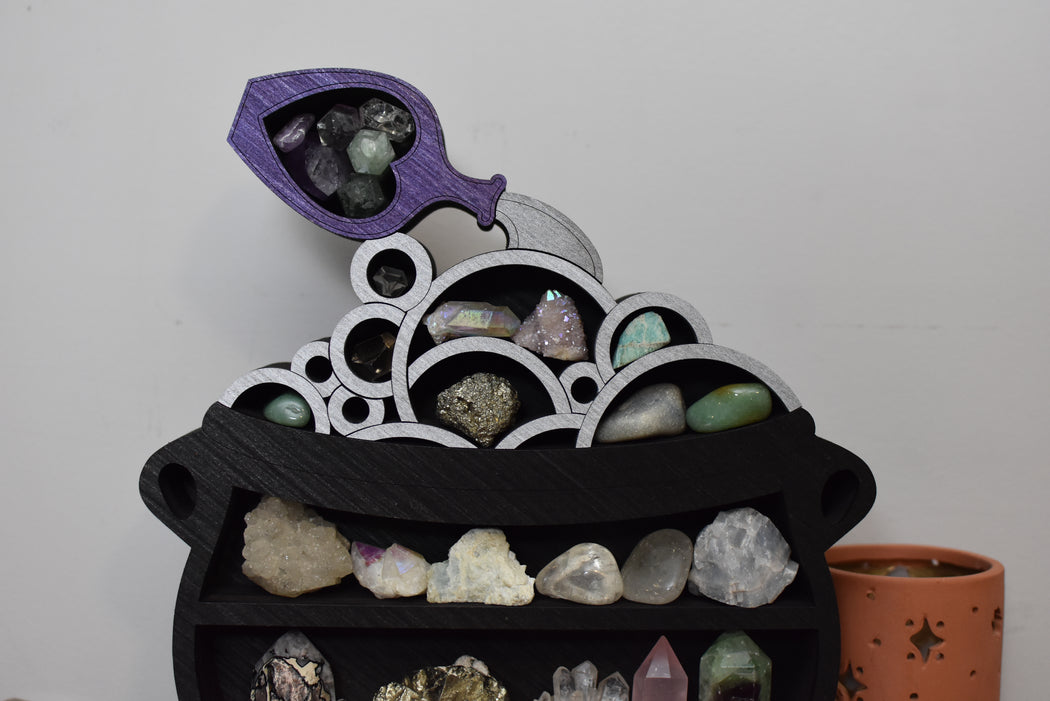 Pouring Potion Cauldron Wooden Crystal Display Shelf