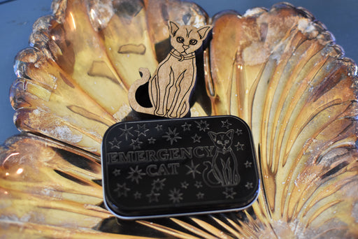 Emergency Cat Engraved Steel Box And Wooden Cat