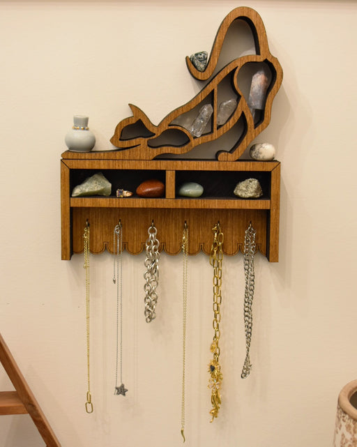 Stretching Cat Jewelry and Key Hook Shelf - Almond Light Brown