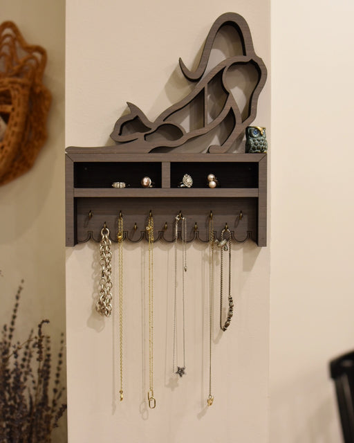 Stretching Cat Jewelry and Key Hook Shelf - Gray