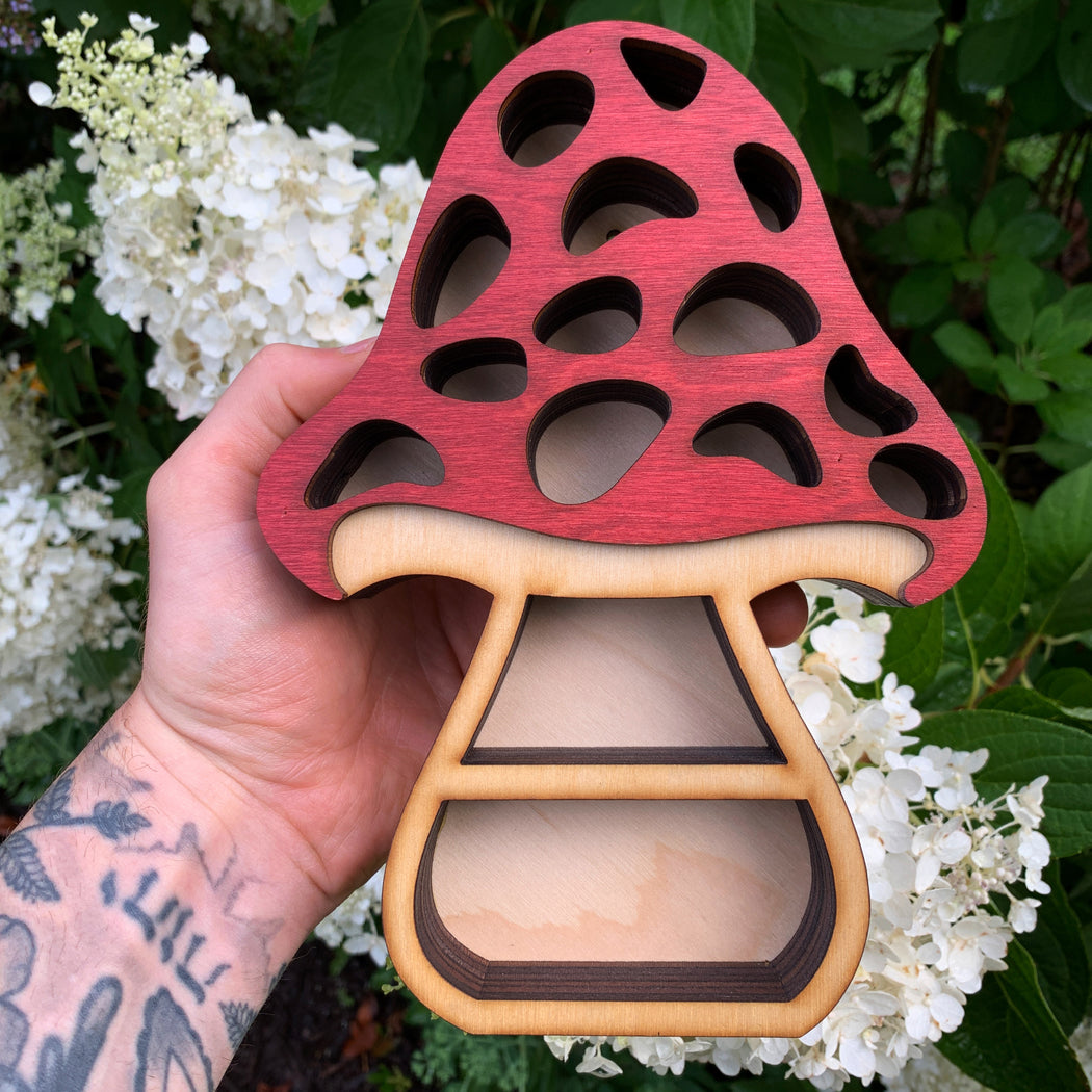 *Made To Order* Mushling Red v.3 Petite Wood Carving and Crystal Mushroom Shelf