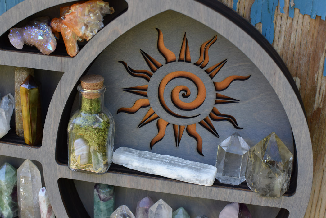 *Made To Order* Grey Sun In The Moon Circular Shelf and Wood Carving