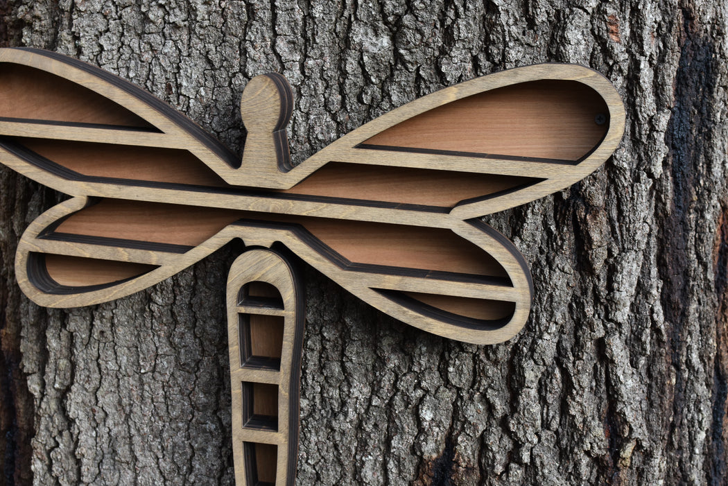 *Made To Order* Almond Light Brown Dragonfly-Shaped Wood Carving and Crystal Shelf